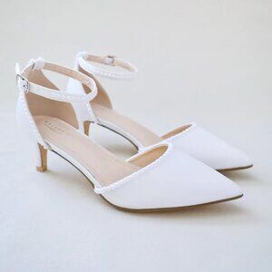 Kailee P. Satin Pointy Toe Low Heels with Mini Pearls